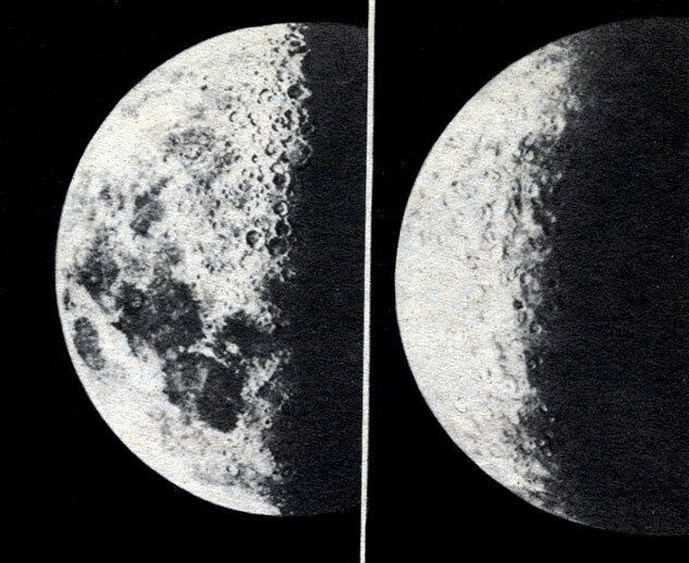 
Рис. 50. Сравнение Луны и Меркурия в одинаковой фазе: Луна - слева, Меркурий - справа (масштаб этих фотографий неодинаков)