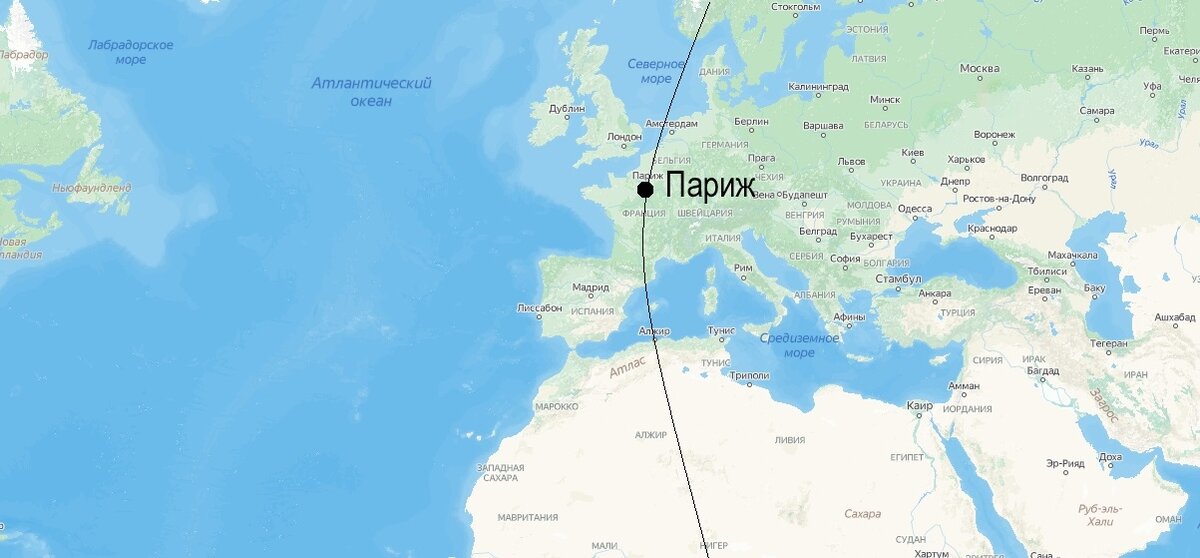 Париж на карте Яндекса с дугой меридиана.