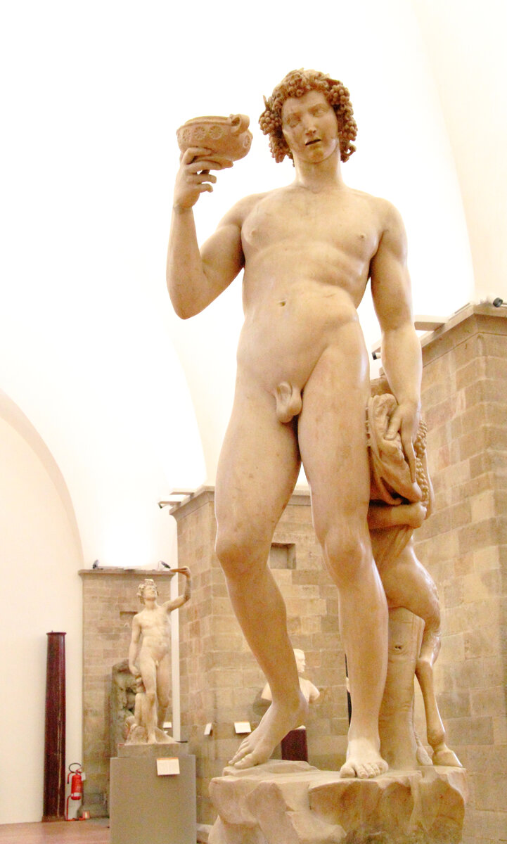 Микеланджело (Michelangelo di Lodovico di Leonardo di Buonarroti Simoni; 1475—1564). «Бахус»; также — «Пьяный Бахус». Двухметровая мраморная скульптура была создана 22-летним Микеланджело по заказу кардинала Риарио. Статуя находится в музее Барджелло во Флоренции, превосходная копия – в Пушкинском музее в Москве.