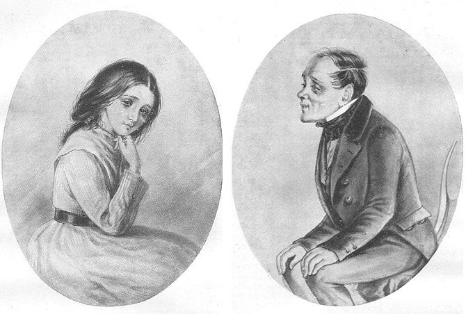 Макар Девушкин и Варенька Доброселова. Рисунок П.М. Боколевского 40-годы 19 века.