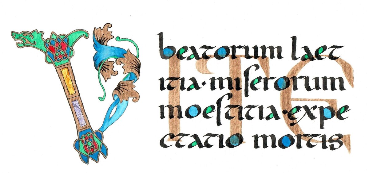 Каллиграфическая работа на тему загадок Алкуина.  Полное название того труда, из которого я брала эти загадки "Словопрение высокороднейшего юноши Пипина с Альбином Схоластиком", построенные в форме диалога, где они по очереди задают вопросы-загадки и отвечают на них. Vite - beatorum laetitia, miserorum moestitia, expetatio mortis. Жизнь - счастливым радость, несчастным горе, ожидание смерти. 