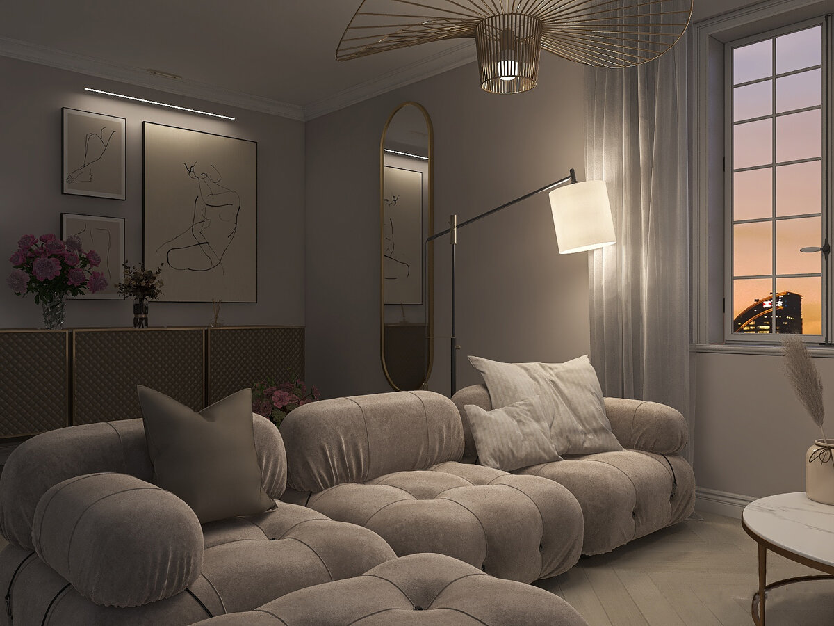Интерьер квартиры в "нейтральных тонах" при ночном освещении