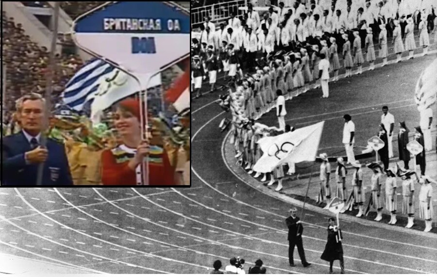 Открытие летней Олимпиады-80. Команду Великобритании олицетворяет глава Британской олимпийской ассоциации Дик Палмер, несущий олимпийский флаг.