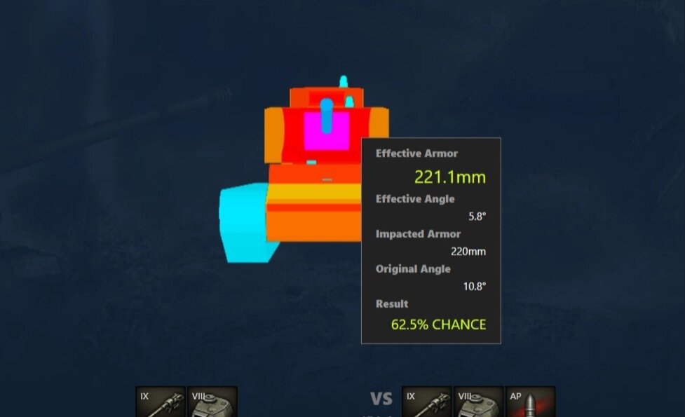 Лобовая броня башни в профиль. Больше - в галерее.  Все изображения - скриншоты автора. Все значения брони - для бронебойного снаряда.