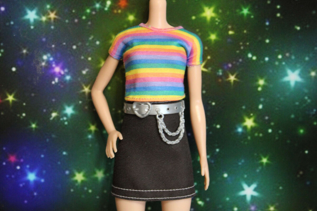 Barbie Fashionistas Doll 170, Rainbow Striped Top & Black Skirt ...