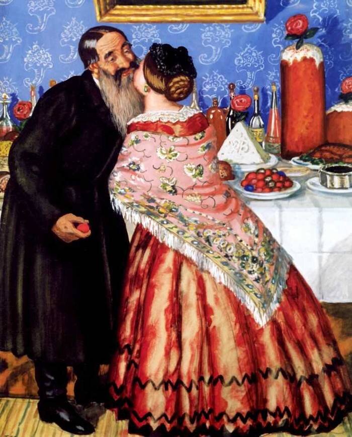 Пасхальный обряд (Христосование). Б. М. Кустодиев. 1916 г. Бумага на картоне, темпера. 50x42.
Астраханская государственная картинная галерея имени П. М. Догадина