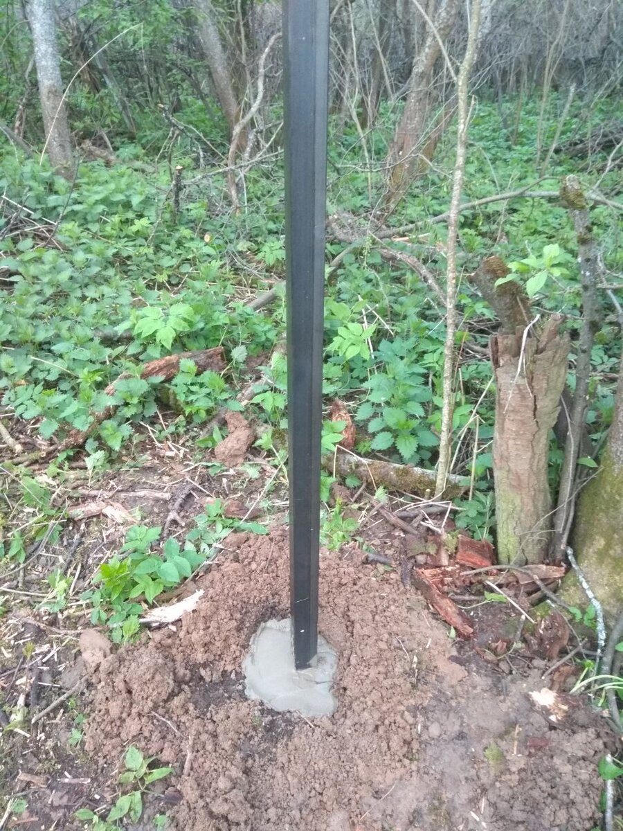 Мотобуром сверлим отверстия диаметром 15 см, столбы выбрали 50*50 мм. И заливаем раствором.