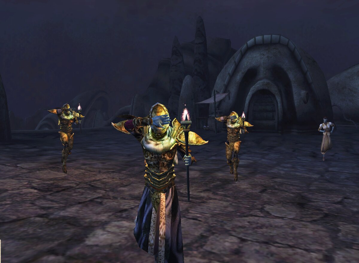 Стражники Дома Редоран и горожане бегут арестовывать вора, несмотря на пыльную бурю.