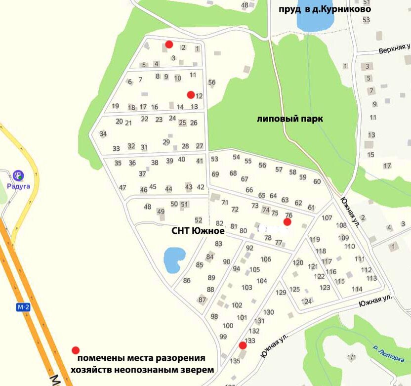 Карта СНТ "Южное" с  местами кровавых разборок над домашними животными неизвестным  кровожадным зверем.