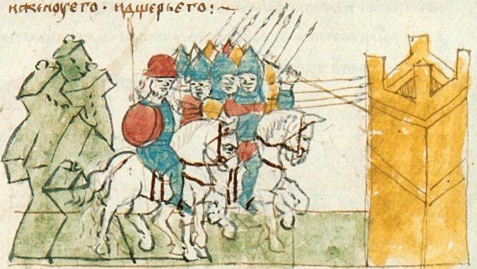 Дружина Владимира во главе с Добрыней идёт на Полоцк. Копья, воткнутые в изображение крепости напоминают поэтическое выражение "поднять город на копьё", которое означает взятие города штурмом.