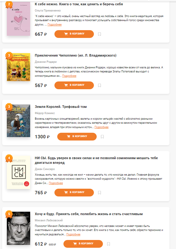 Скриншот статистики "Эксмо" по самым продаваемым книгам