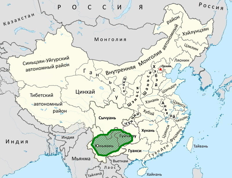 Юньнань-Гуйчжоуское нагорье на административной карте Китая