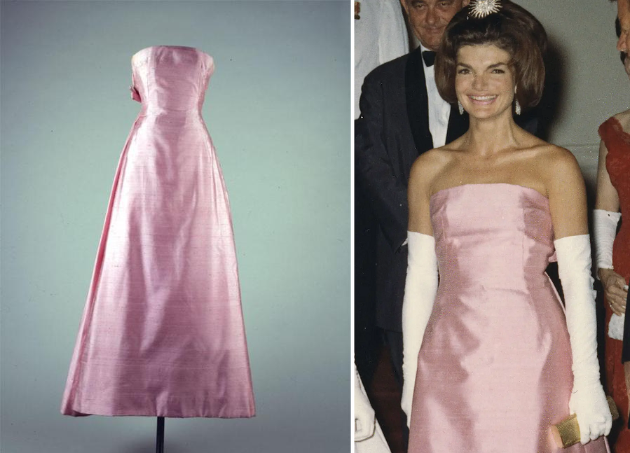 Платье, дом моды "Кристиан Диор", 1962. (с) Президентская библиотека-музей Джона Ф. Кеннеди. Жаклин Кtннеди, 11 мая 1962. (с) Darren McCollester/Hulton Archive/Getty Images
