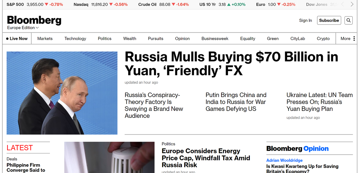 Первая полоса утреннего Bloomberg посвящена теме России и валютных операций. 