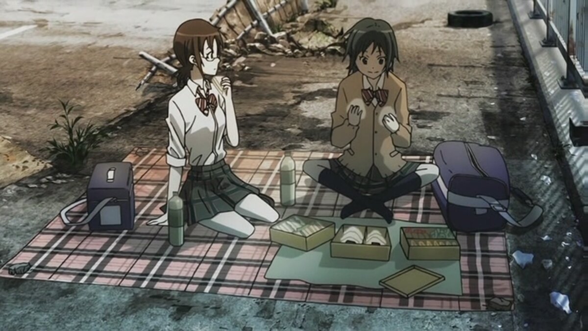 Да, пикник. Да, в зоне радиационного заражения. Да, школьницами устроенный. Это аниме, смиритесь.