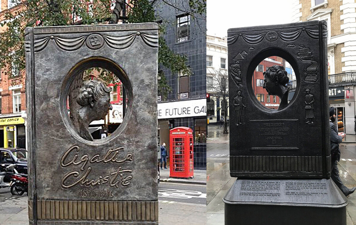 Памятник в виде книги королеве детектива Агате Кристи в Лондоне