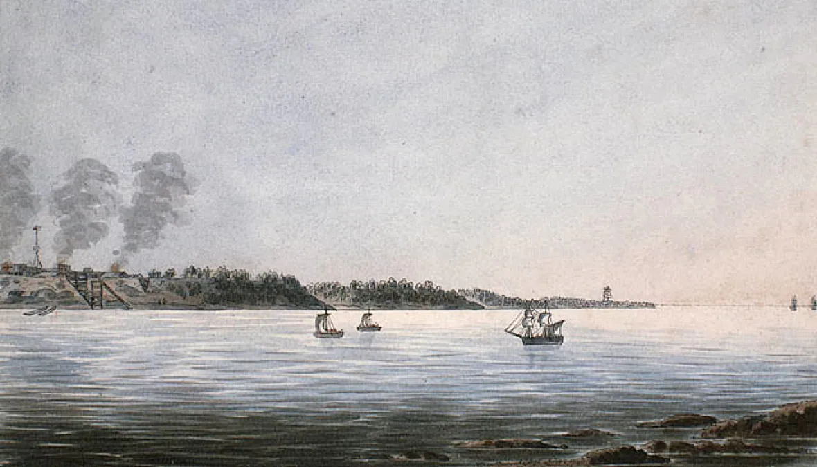 Вид на факторию Йорк, акварель 1830-е гг. худ. Питер Риндисбахер