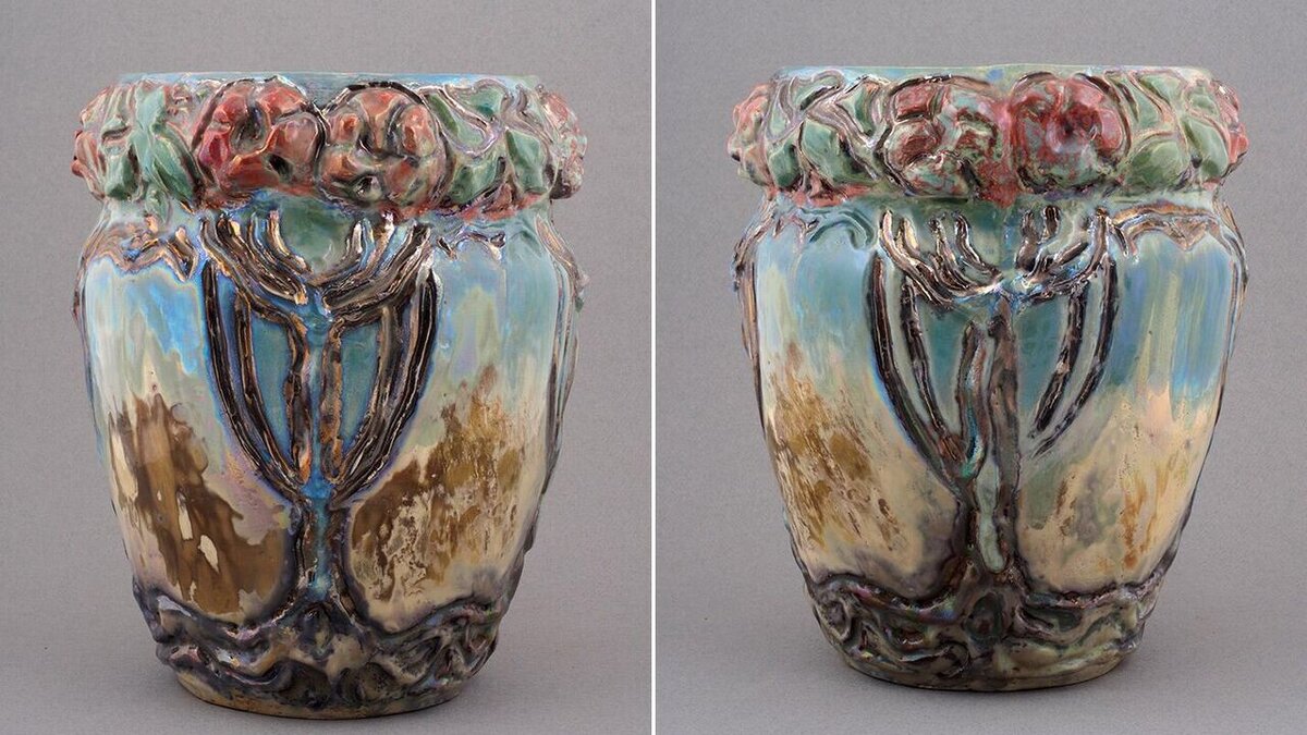 Источник:  Аукционный дом «Литфонд». Михаил Врубель ваза-кашпо «Цветы и листья»