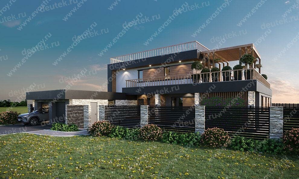 Вид на главный фасад. Источник изображения: Дзен-канал "DEUTEK - проектирование домов"