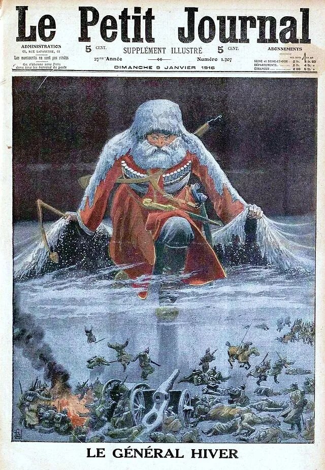 Генерал Зима наступает на немцев. Обложка «Le Petit Journal», 9 января 1916 года. Фото и изображения из открытого доступа сети интернет