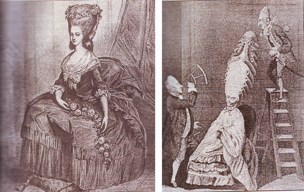 Слева - платье времен Людовика XVI. Придворная дама королевы Марии Антуанетты Луиза де Савой-Каринян, принцесса де Ламбаль. Гравюра на меди по картине в Версальской галерее. Справа - карикатура на высокие прически