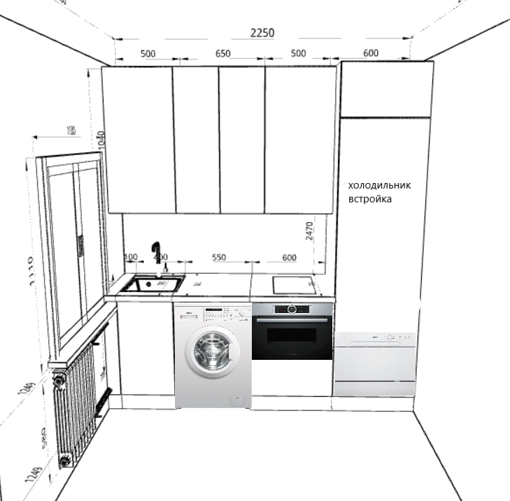 слева направо: мойка и сушка 500мм, стиральная машинка, газовая колонка и полочки, ящик для кастрюль, духовка+СВЧ, варочная и вытяжка, компактная посудомойка на 6 персон, встраиваемый холодильник высотой 1220мм (морозильное отделение в нем есть, но маленькое), антресоль.