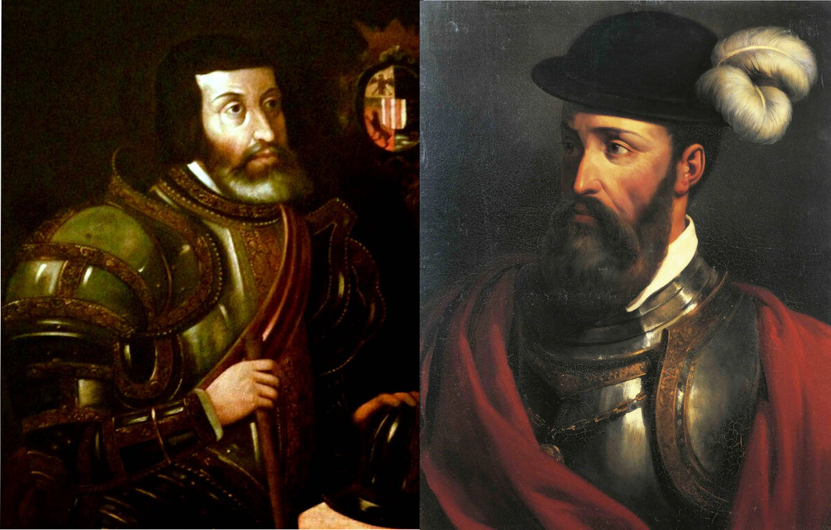 Кортес (слева) и Писсаро (справа).