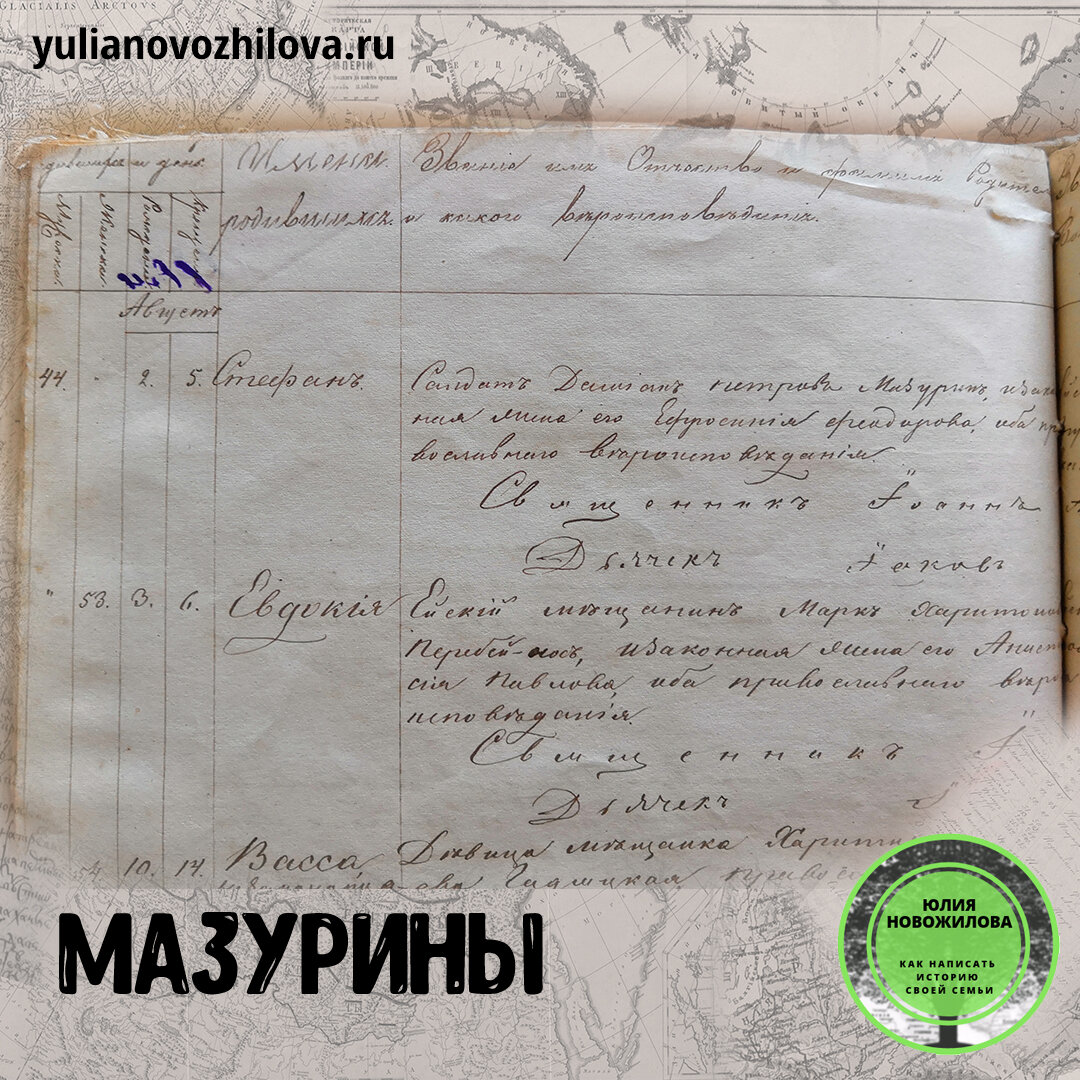 Запись о рождении Стефана Мазурина в Ейском укреплении (Екатеринославская губерния)