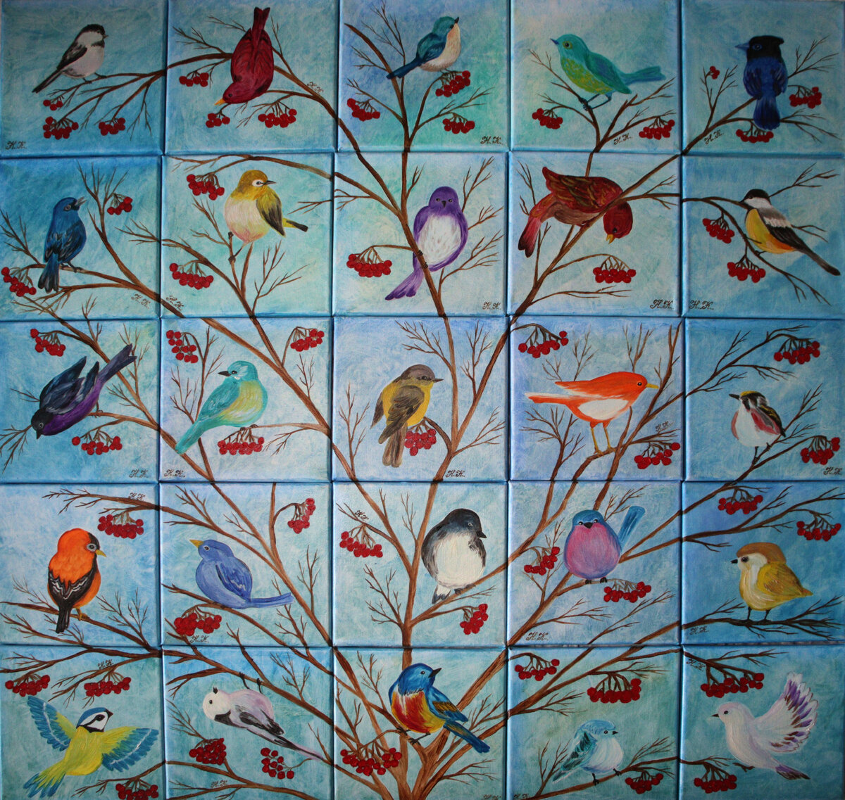 Птицы счастья на волшебном древе. Х/м, полиптих из 25 миниатюр размером 20х20, 2019.
Настя Калина