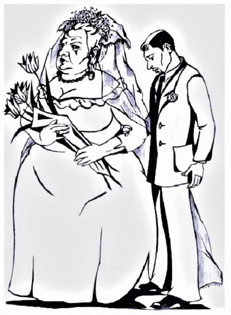 Старый муж рассказ. Мезальянс неравный брак. Неравный брак карикатура. Иллюстрация неравный брак. Супруги рисунок.