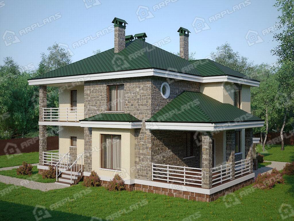 Фото 2 двухэтажного дома из газобетона с 3 спальнями, балконом, газовой котельной и террасой. Общая площадь 259 кв м. Источник arplans.ru Проект К-138