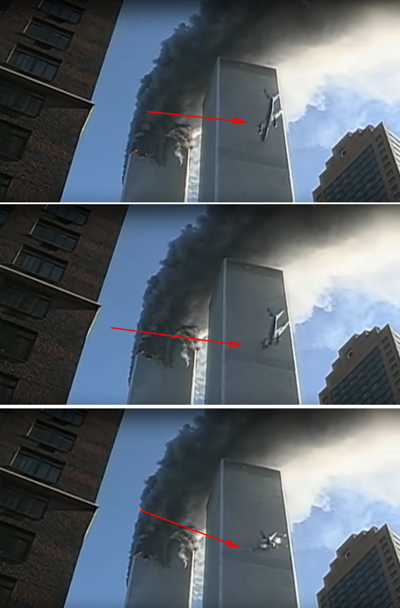 Куда пропало крыло Боинга и где повреждения Южной башни ВТЦ? Кадр из видео