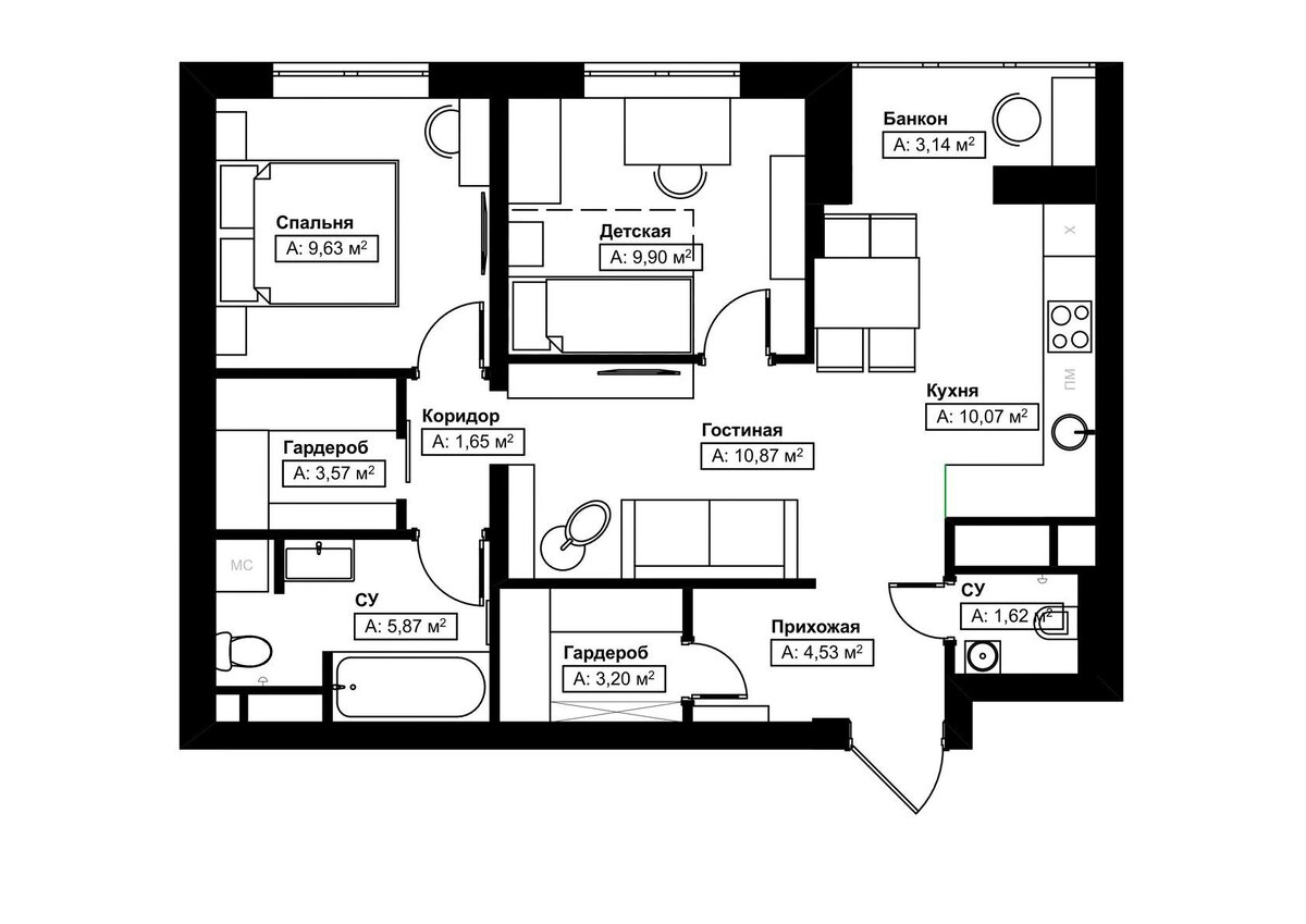 Планировка квартиры 64 кв.м. ПОСЛЕ, FLATSDESIGN