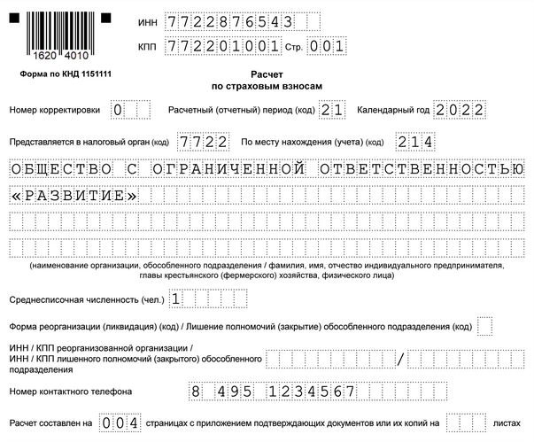 Форма 1151111 в 2024. Расчет по страховым взносам нулевой.