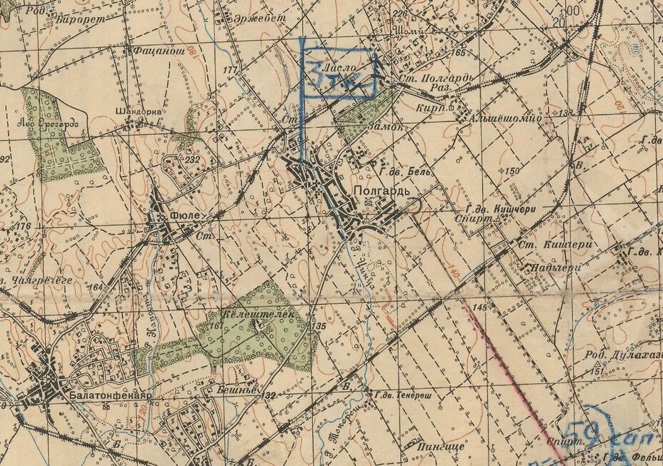 Фрагмент карты с районом городка Полгардь, в котором советскими артиллеристами был уничтожен «Королевский тигр» №124 из 503-го ттб