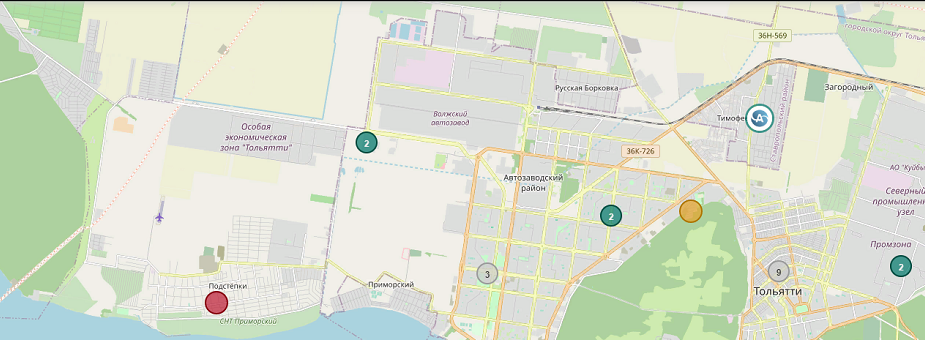 Скриншот части карты сети в Тольятти. Горячими цветами показаны точки контроля, зафиксировавшие превышение параметров 