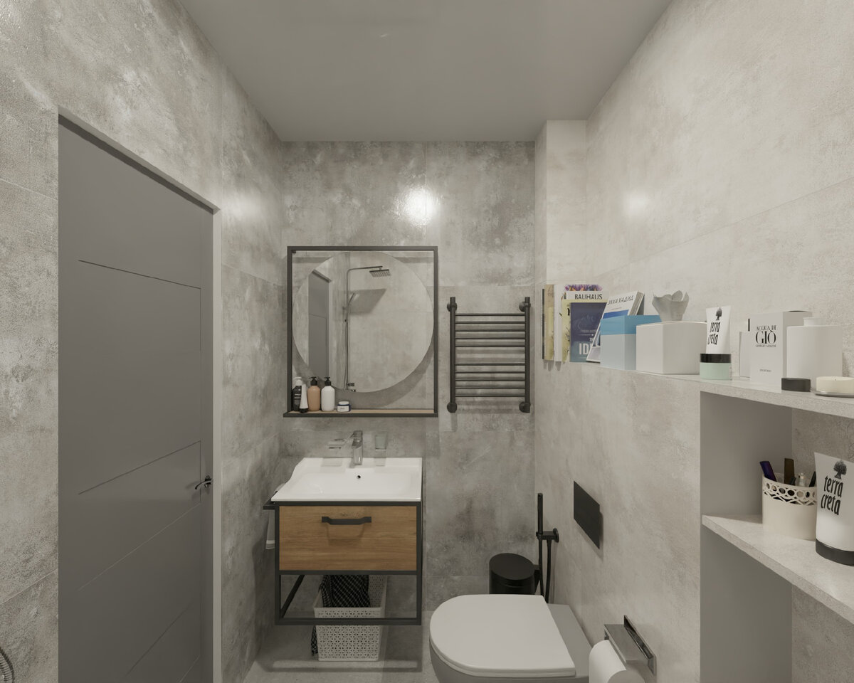 Готовое решение для совмещенного санузла площадью 3,2 м² с использованием плитки Lugano.