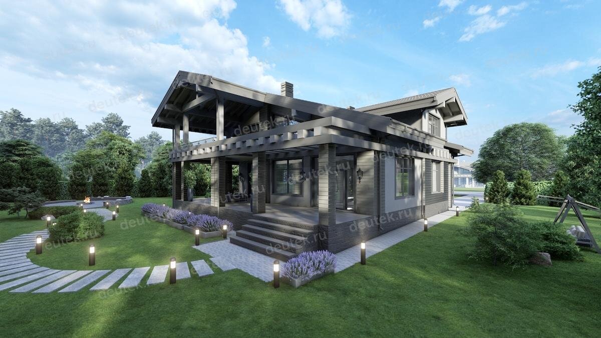 Проект двухэтажного дома 346 м2 с сауной, балконом, вторым светом и террасой DTE-157