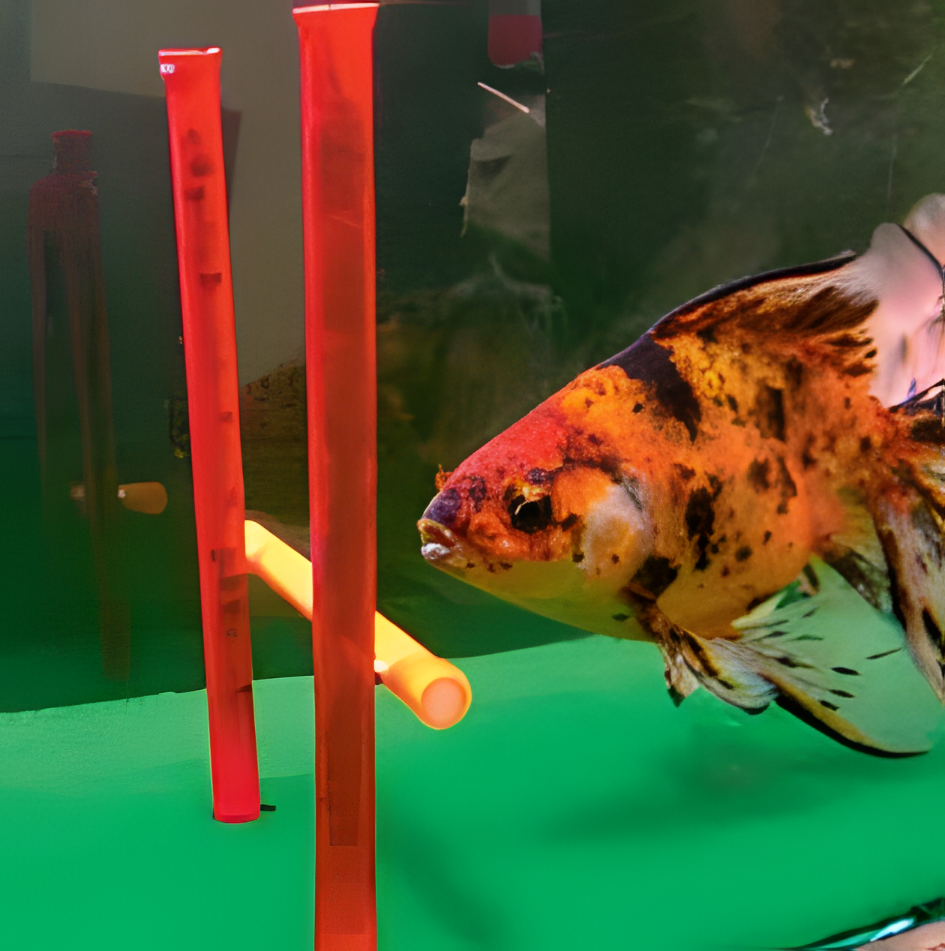 Золотая рыбка готовится к одному из трюков, которому она научилась, - лимбо. Во время дрессировки рыбки получают небольшое количество пищи в качестве положительного стимулирования.