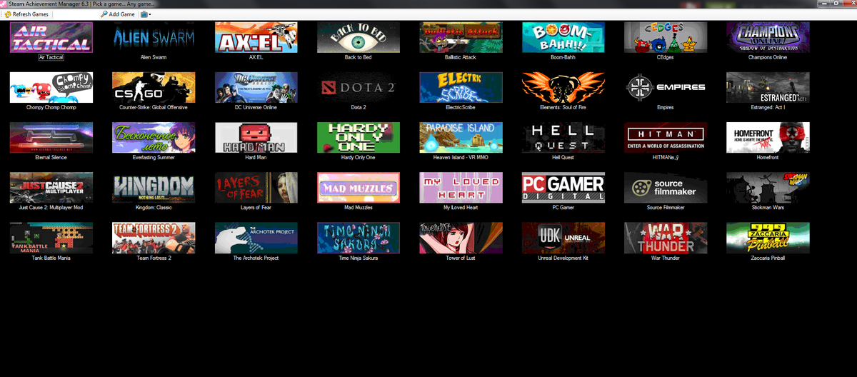 После загрузки программы запускаем её нажав на файл "SAM.Picker.exe".



У вас открылось окно программы, в этом окне вы увидете все ваши игры Steam.

