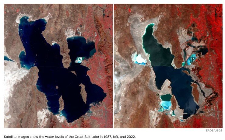    Аэрокосмическая карта озера, выполненная в 1987 и 2022 году. Такие перемены всего за тридцать пять лет!