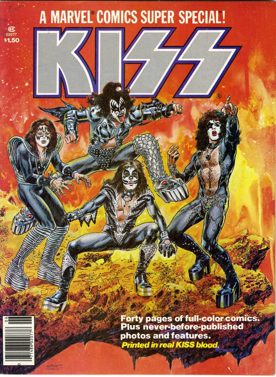 Обложка комикса и подпись, что "напечатано настоящей кровью KISS" 