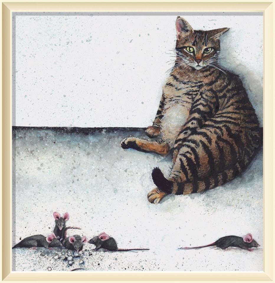 ©️ Мэгги Вандевалле / Maggie Vandewalle От автора ; Люди часто спрашивают, занимаюсь ли я другими кошками, кроме черных, короткий ответ - да. Обычно я рисую то, что доступно, и прямо сейчас у меня есть. Этого парня зовут Чонси, он был таким большим, у него были постоянно расширенный глаз, и он был слишком медлительным, чтобы есть мышей.