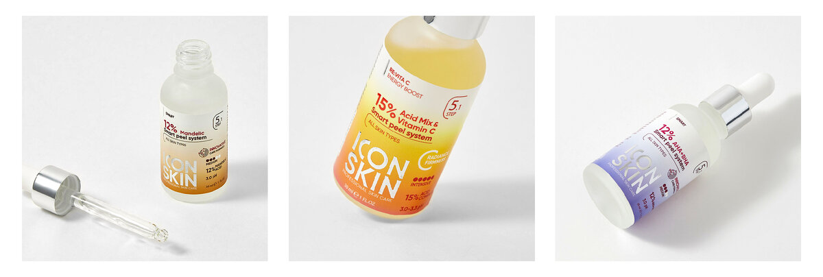 ICON SKIN Пилинг миндальный 12%. Пилинг с витамином С 15%. Пилинг АНА-ВНА 12%