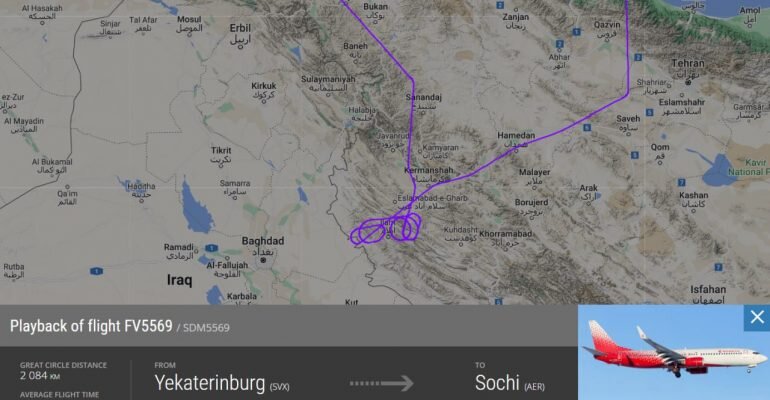    Рейс авиакомпании «Россия» сделал несколько кругов над Ираном 6 апреля. Фото: скриншот сервиса FlightRadar24