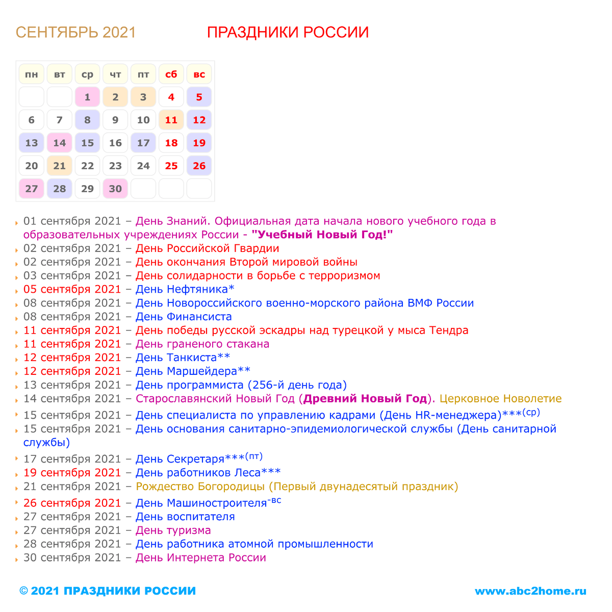 Календарь праздников на сентябрь 2025 Праздники России в сентябре 2021 ABC2home.ru Дзен
