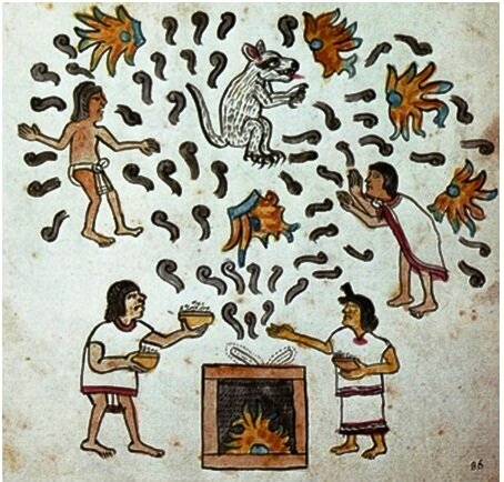 Изображение косматой звезды и парящие в небе люди и звери. Рисунок из ацтекского кодекса "Мальябекиано"