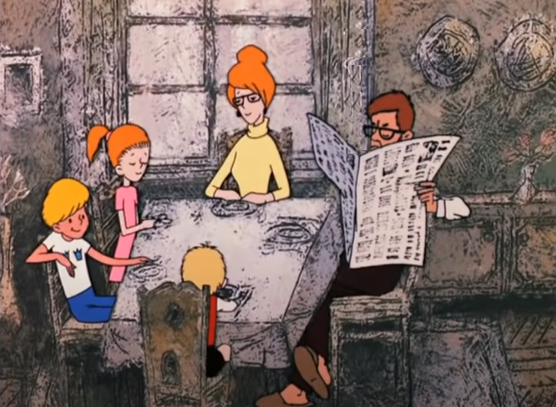 Малыш с фингалом, сестра – примерная, братец посмеивается, папа занят, мама воспитывает... Кадр из м/ф "Малыш и Карлсон","Союзмультфильм".