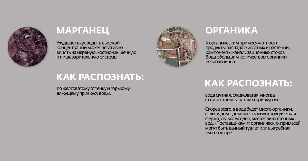 Скорее всего, в воде будет много органики, если рядом с домом есть животноводческая ферма, сельхозугодья, место слива сточных вод. «Поставщиками» органических примесей могут быть дачный туалет или выгребная яма во дворе
