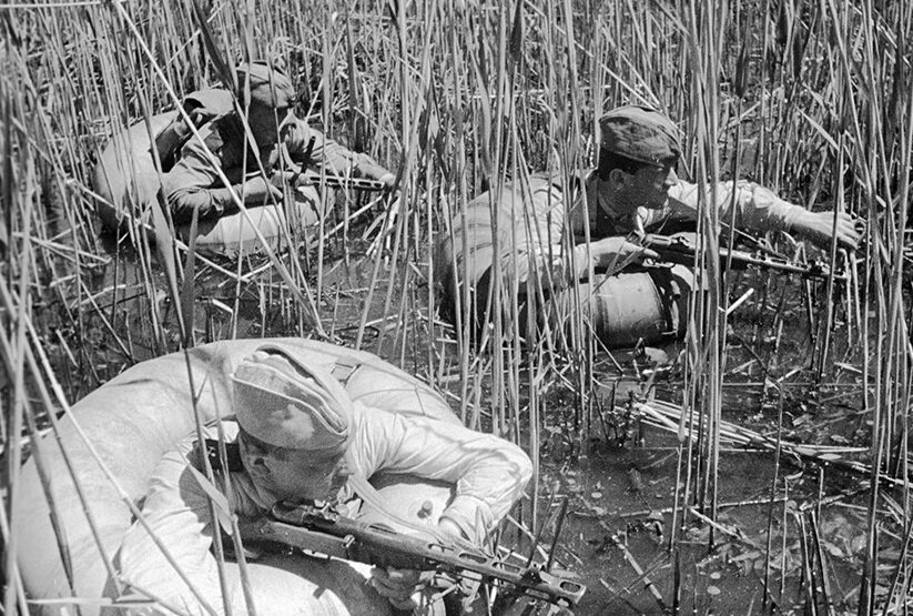 Советские солдаты пробираются через камыши по пояс в воде.